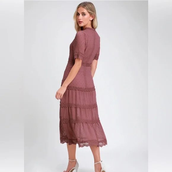 Lulu’s Rose Mauve Lace Trim Midi Dress | Tiered Swiss Dot | Size M - Picture 2 of 8